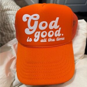 Orange trucker hat god is good